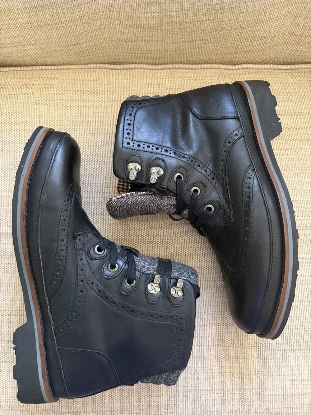 Pajar Canada Leather Wingtip Lace-Up Combat Boots Black Plaid Lined US 11–11.5